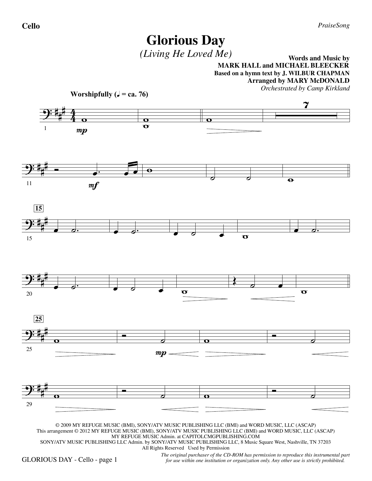Casting Crowns Glorious Day Living He Loved Me Arr Mary Mcdonald Cello Sheet Music Pdf Notes Chords Christian Score Choir Instrumental Pak Download Printable Sku 307473