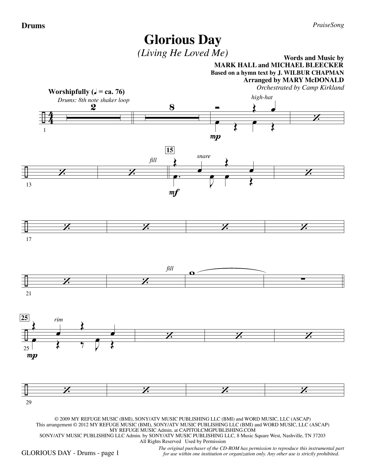 Casting Crowns Glorious Day Living He Loved Me Arr Mary Mcdonald Drums Sheet Music Pdf Notes Chords Christian Score Choir Instrumental Pak Download Printable Sku 307468