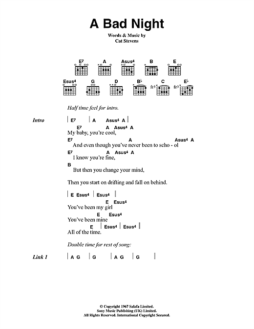 Cat Stevens A Bad Night (from the musical 'Moonshadow') sheet music notes and chords. Download Printable PDF.