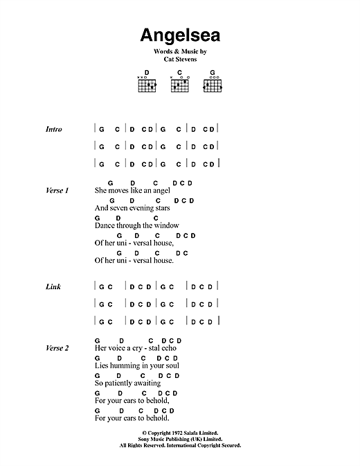 Learn to play Cat Stevens Angelsea sheet music for Guitar Chords/Lyrics in minutes. Cat Stevens Angelsea sheet music notes and chords. Download Printable PDF.