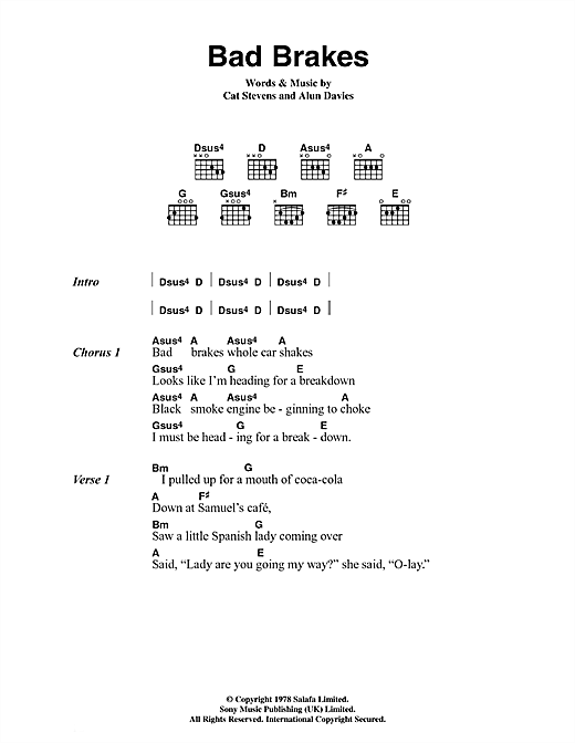Learn to play Cat Stevens Bad Brakes sheet music for Guitar Chords/Lyrics in minutes. Cat Stevens Bad Brakes sheet music notes and chords. Download Printable PDF.
