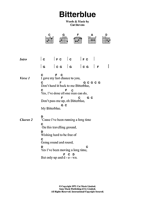 Cat Stevens Bitterblue (from the musical 'Moonshadow') sheet music notes and chords. Download Printable PDF.