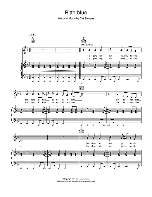 Cat Stevens Bitterblue From The Musical Moonshadow Sheet