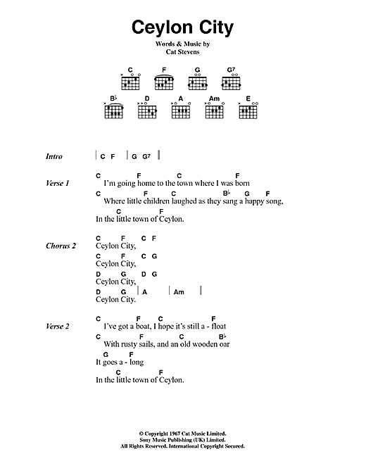 Learn to play Cat Stevens Ceylon City sheet music for Guitar Chords/Lyrics in minutes. Cat Stevens Ceylon City sheet music notes and chords. Download Printable PDF.