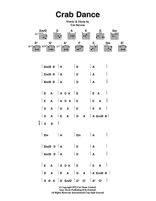 Learn to play Cat Stevens Crab Dance sheet music for Guitar Chords/Lyrics in minutes. Cat Stevens Crab Dance sheet music notes and chords. Download Printable PDF.