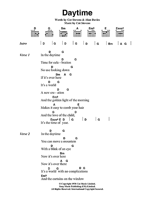 tvivl forælder Urter Cat Stevens "Daytime" Sheet Music PDF Notes, Chords | Pop Score Guitar  Chords/Lyrics Download Printable. SKU: 44970