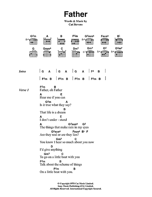 Learn to play Cat Stevens Father sheet music for Guitar Chords/Lyrics in minutes. Cat Stevens Father sheet music notes and chords. Download Printable PDF.