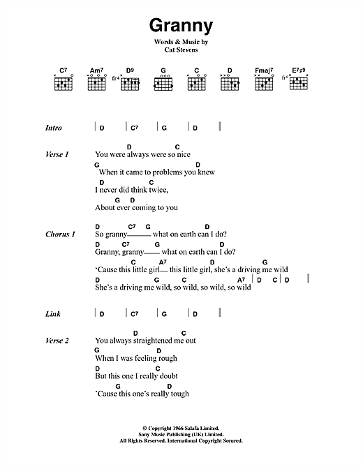 Learn to play Cat Stevens Granny sheet music for Guitar Chords/Lyrics in minutes. Cat Stevens Granny sheet music notes and chords. Download Printable PDF.