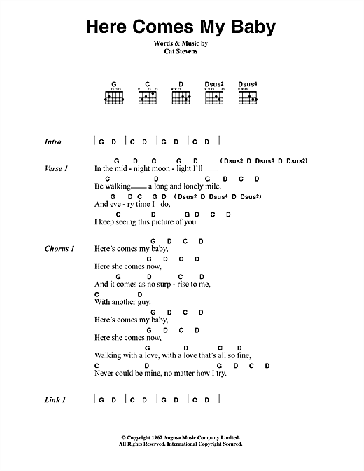 Learn to play Cat Stevens Here Comes My Baby sheet music for Guitar Chords/Lyrics in minutes. Cat Stevens Here Comes My Baby sheet music notes and chords. Download Printable PDF.
