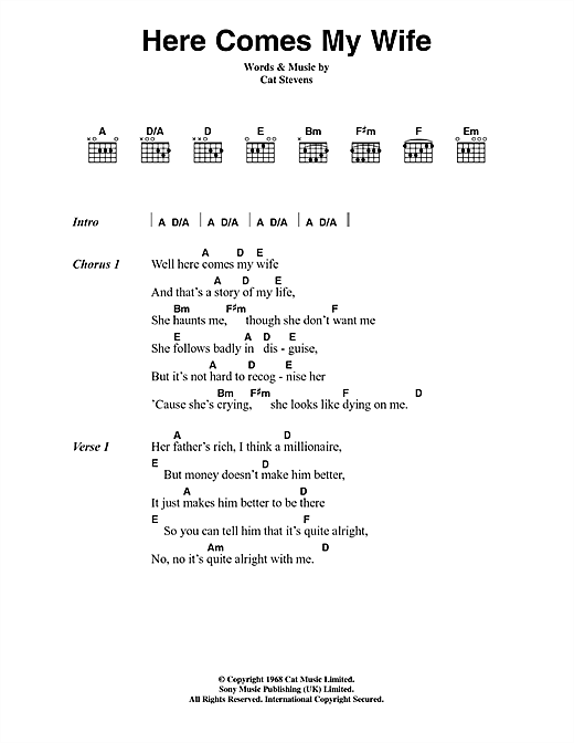 Learn to play Cat Stevens Here Comes My Wife sheet music for Guitar Chords/Lyrics in minutes. Cat Stevens Here Comes My Wife sheet music notes and chords. Download Printable PDF.