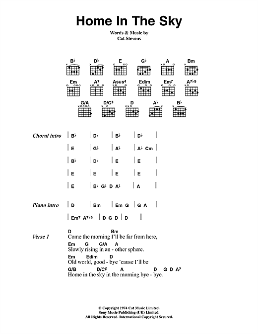 Learn to play Cat Stevens Home In The Sky sheet music for Guitar Chords/Lyrics in minutes. Cat Stevens Home In The Sky sheet music notes and chords. Download Printable PDF.