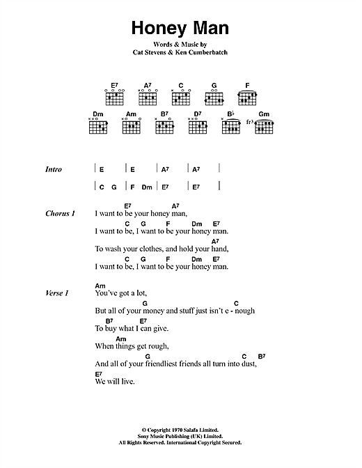 Learn to play Cat Stevens Honey Man sheet music for Guitar Chords/Lyrics in minutes. Cat Stevens Honey Man sheet music notes and chords. Download Printable PDF.