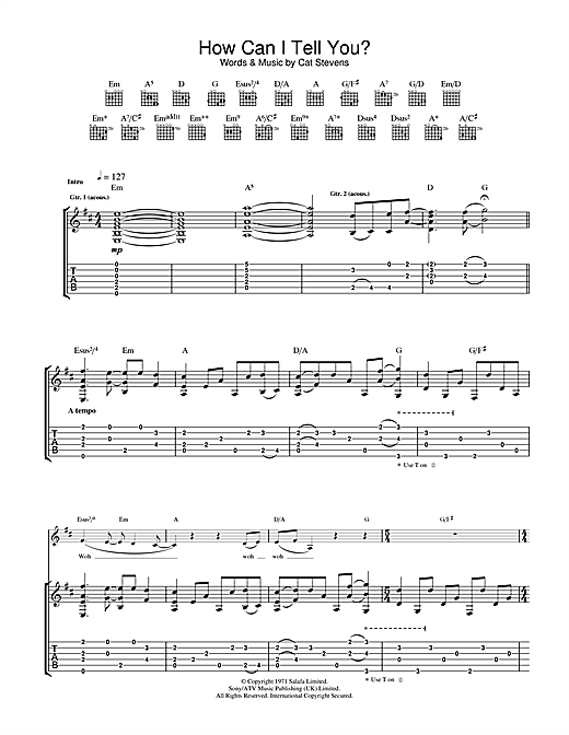 Learn to play Cat Stevens How Can I Tell You? sheet music for Guitar Tab in minutes. Price: 6.9900$ Cat Stevens How Can I Tell You? sheet music notes and chords. Download Printable PDF.