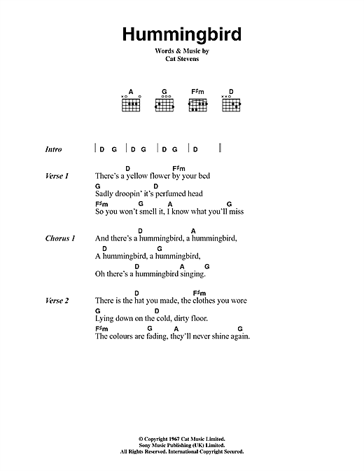 Learn to play Cat Stevens Hummingbird sheet music for Guitar Chords/Lyrics in minutes. Cat Stevens Hummingbird sheet music notes and chords. Download Printable PDF.