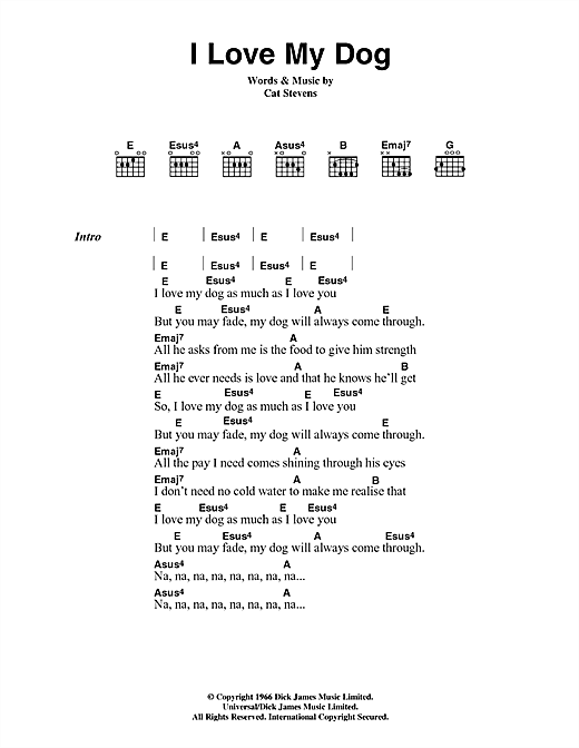 Learn to play Cat Stevens I Love My Dog sheet music for Guitar Chords/Lyrics in minutes. Cat Stevens I Love My Dog sheet music notes and chords. Download Printable PDF.