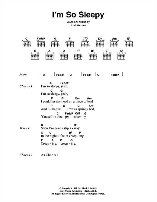 Learn to play Cat Stevens I'm So Sleepy sheet music for Guitar Chords/Lyrics in minutes. Cat Stevens I'm So Sleepy sheet music notes and chords. Download Printable PDF.