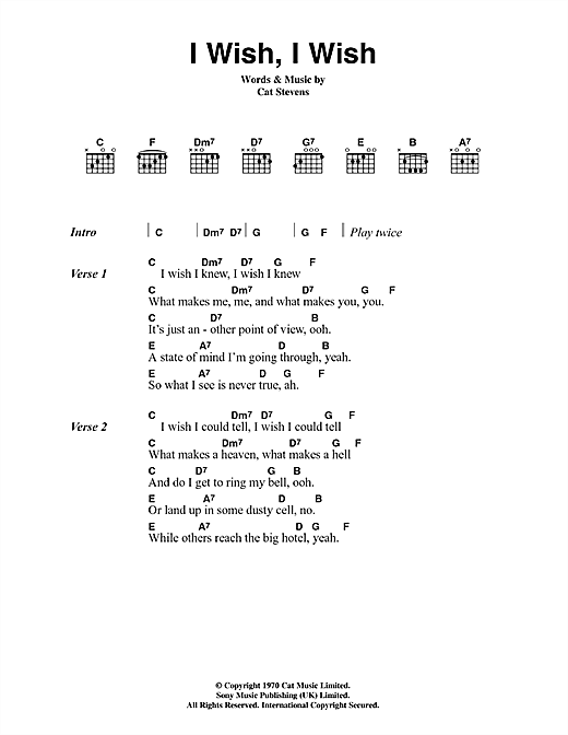 Learn to play Cat Stevens I Wish, I Wish sheet music for Guitar Chords/Lyrics in minutes. Cat Stevens I Wish, I Wish sheet music notes and chords. Download Printable PDF.
