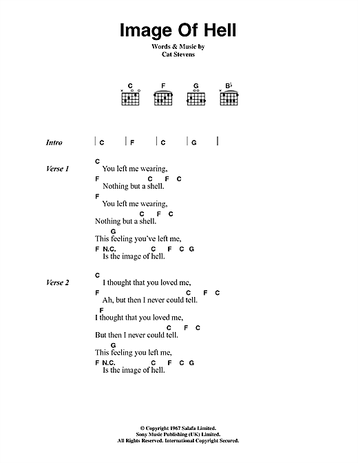 Learn to play Cat Stevens Image Of Hell sheet music for Guitar Chords/Lyrics in minutes. Cat Stevens Image Of Hell sheet music notes and chords. Download Printable PDF.