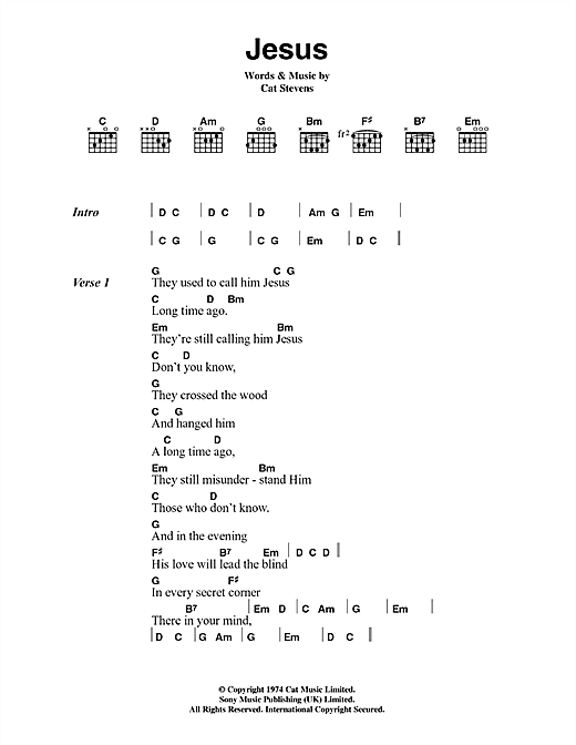 Learn to play Cat Stevens Jesus sheet music for Guitar Chords/Lyrics in minutes. Cat Stevens Jesus sheet music notes and chords. Download Printable PDF.