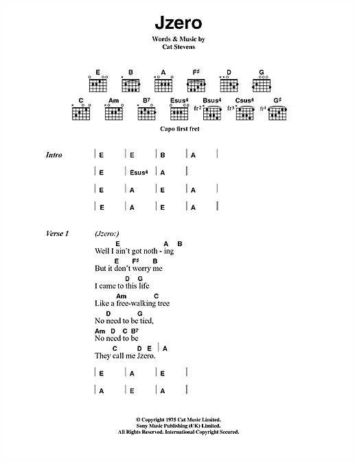 Learn to play Cat Stevens Jzero sheet music for Guitar Chords/Lyrics in minutes. Cat Stevens Jzero sheet music notes and chords. Download Printable PDF.