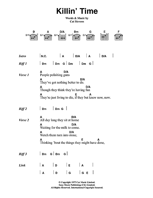 Learn to play Cat Stevens Killin' Time sheet music for Guitar Chords/Lyrics in minutes. Cat Stevens Killin' Time sheet music notes and chords. Download Printable PDF.