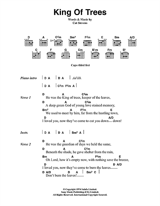 Learn to play Cat Stevens King Of Trees sheet music for Guitar Chords/Lyrics in minutes. Cat Stevens King Of Trees sheet music notes and chords. Download Printable PDF.