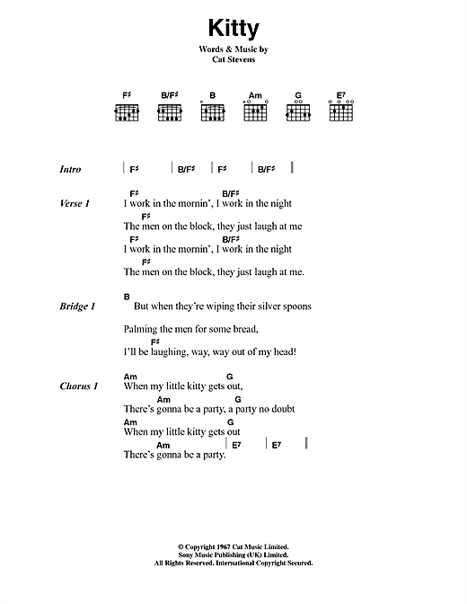 Learn to play Cat Stevens Kitty sheet music for Guitar Chords/Lyrics in minutes. Cat Stevens Kitty sheet music notes and chords. Download Printable PDF.