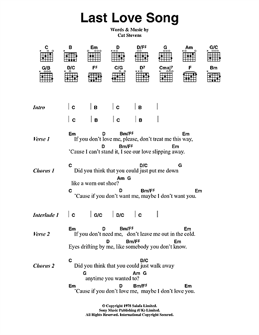 Learn to play Cat Stevens Last Love Song sheet music for Guitar Chords/Lyrics in minutes. Cat Stevens Last Love Song sheet music notes and chords. Download Printable PDF.
