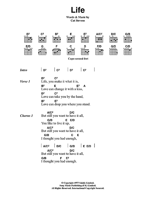 Cat Stevens Life (from the musical 'Moonshadow') sheet music notes and chords. Download Printable PDF.