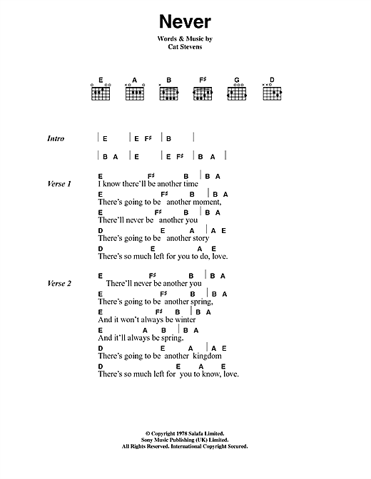 Learn to play Cat Stevens Never sheet music for Guitar Chords/Lyrics in minutes. Cat Stevens Never sheet music notes and chords. Download Printable PDF.