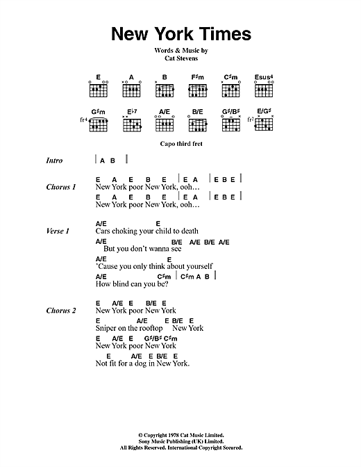 Learn to play Cat Stevens New York Times sheet music for Guitar Chords/Lyrics in minutes. Cat Stevens New York Times sheet music notes and chords. Download Printable PDF.