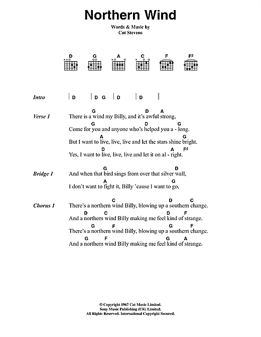 Learn to play Cat Stevens Northern Wind sheet music for Guitar Chords/Lyrics in minutes. Cat Stevens Northern Wind sheet music notes and chords. Download Printable PDF.