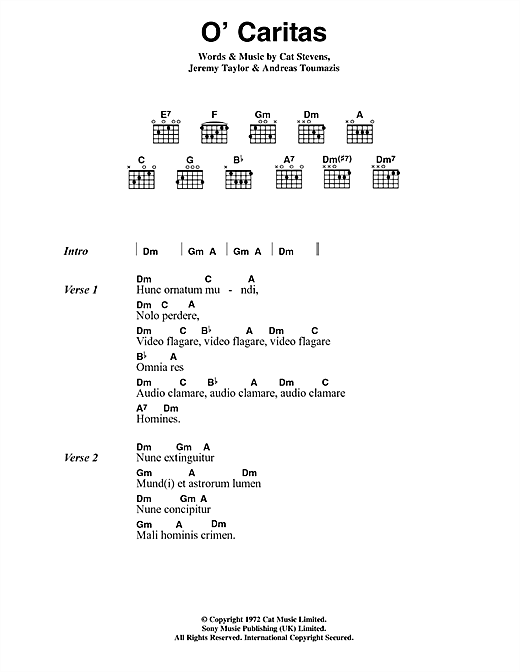 Cat Stevens O' Caritas sheet music notes and chords. Download Printable PDF.