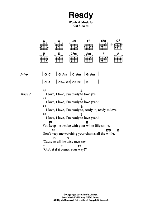 Learn to play Cat Stevens Ready sheet music for Guitar Chords/Lyrics in minutes. Cat Stevens Ready sheet music notes and chords. Download Printable PDF.