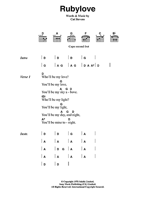 Learn to play Cat Stevens Rubylove sheet music for Guitar Chords/Lyrics in minutes. Cat Stevens Rubylove sheet music notes and chords. Download Printable PDF.