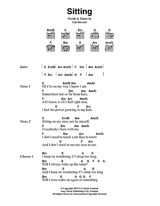 Learn to play Cat Stevens Sitting sheet music for Guitar Chords/Lyrics in minutes. Cat Stevens Sitting sheet music notes and chords. Download Printable PDF.