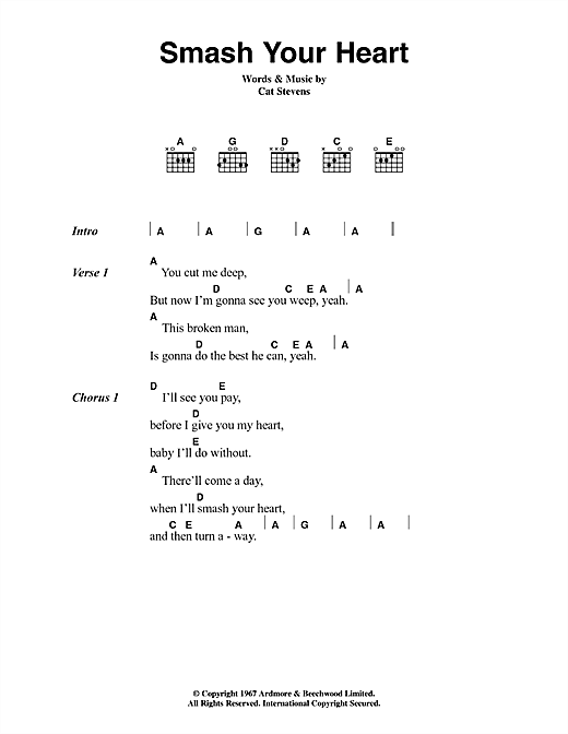 Learn to play Cat Stevens Smash Your Heart sheet music for Guitar Chords/Lyrics in minutes. Cat Stevens Smash Your Heart sheet music notes and chords. Download Printable PDF.