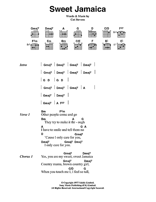 Learn to play Cat Stevens Sweet Jamaica sheet music for Guitar Chords/Lyrics in minutes. Cat Stevens Sweet Jamaica sheet music notes and chords. Download Printable PDF.