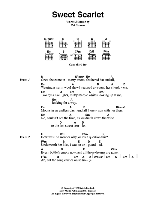 Learn to play Cat Stevens Sweet Scarlet sheet music for Guitar Chords/Lyrics in minutes. Cat Stevens Sweet Scarlet sheet music notes and chords. Download Printable PDF.