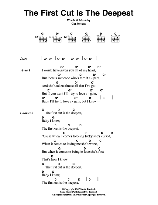 Learn to play Cat Stevens The First Cut Is The Deepest sheet music for Piano Chords/Lyrics in minutes. Cat Stevens The First Cut Is The Deepest sheet music notes and chords. Download Printable PDF.
