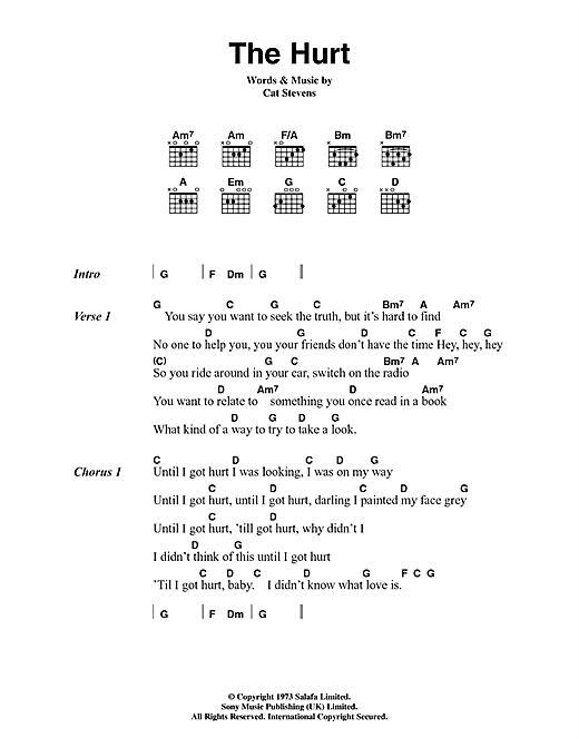 Learn to play Cat Stevens The Hurt sheet music for Guitar Chords/Lyrics in minutes. Cat Stevens The Hurt sheet music notes and chords. Download Printable PDF.
