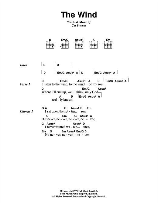 Learn to play Cat Stevens The Wind sheet music for Guitar Chords/Lyrics in minutes. Cat Stevens The Wind sheet music notes and chords. Download Printable PDF.