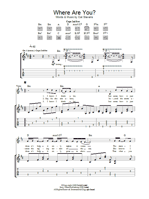Learn to play Cat Stevens Where Are You? sheet music for Guitar Tab in minutes. Cat Stevens Where Are You? sheet music notes and chords. Download Printable PDF.