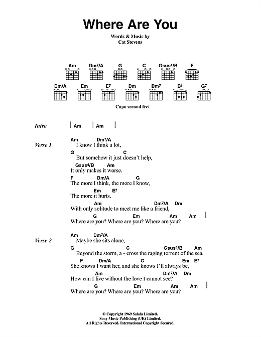 Learn to play Cat Stevens Where Are You? sheet music for Guitar Chords/Lyrics in minutes. Cat Stevens Where Are You? sheet music notes and chords. Download Printable PDF.
