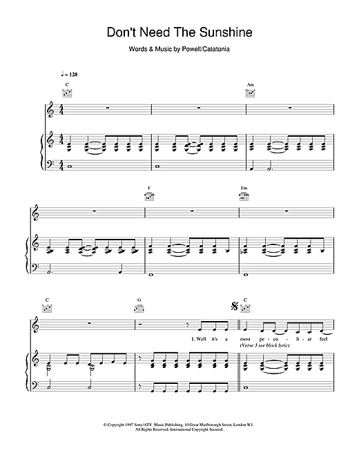 Catatonia Don't Need The Sunshine sheet music notes and chords. Download Printable PDF.