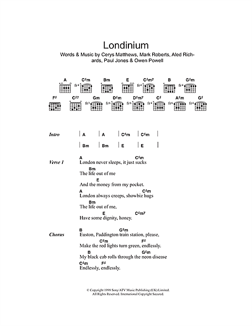 Catatonia Londinium sheet music notes and chords. Download Printable PDF.