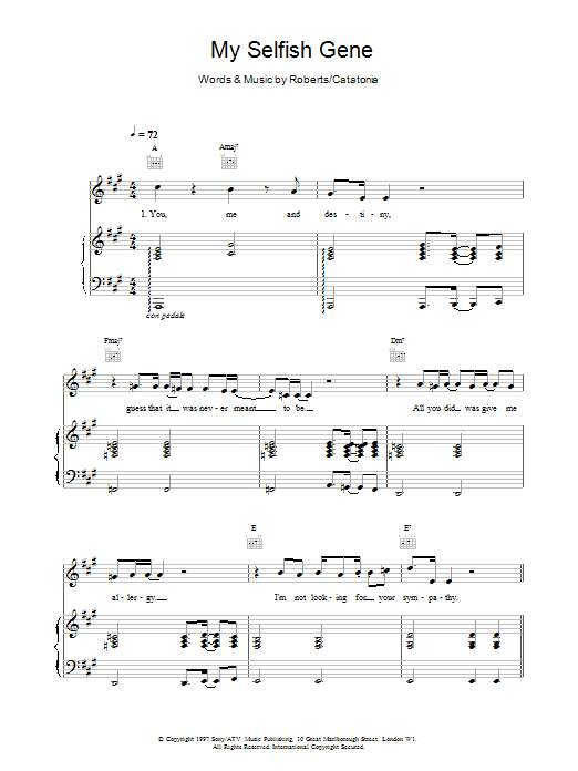 Catatonia My Selfish Gene sheet music for Piano, Vocal & Guitar in minutes. Price: 7.8900$ Catatonia My Selfish Gene sheet music notes and chords. Download Printable PDF.