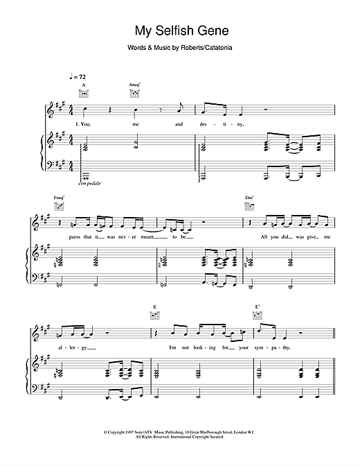 Preview Catatonia My Selfish Gene Pop sheet music, notes and chords for Piano, Vocal & Guitar, SKU: 15511 sheet music, piano notes, chords, guitar tabs, score, transpose, transcribe, how to play, guide, download, learn, tutorial, progression, song, artist, awards, billboard, mtv, vh1, tour, single, album, release