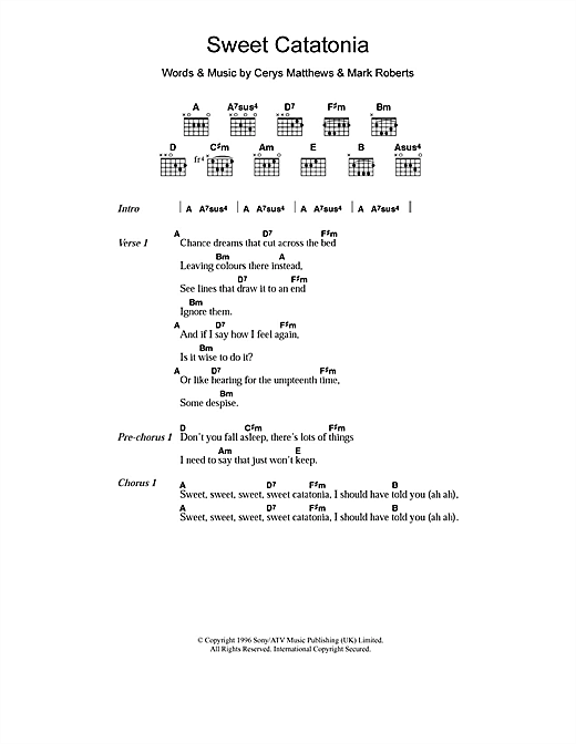 Learn to play Catatonia Sweet Catatonia sheet music for Guitar Chords/Lyrics in minutes. Catatonia Sweet Catatonia sheet music notes and chords. Download Printable PDF.