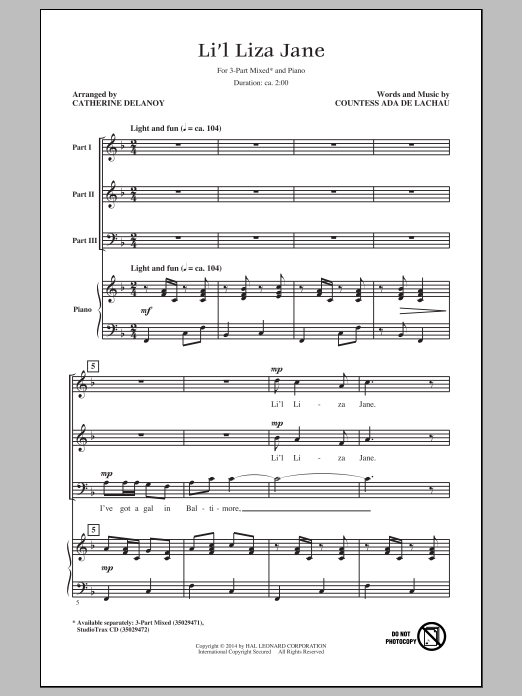 Learn to play Catherine DeLanoy Li'l Liza Jane (Go Li'l Liza) sheet music for 3-Part Mixed Choir in minutes. Catherine DeLanoy Li'l Liza Jane (Go Li'l Liza) sheet music notes and chords